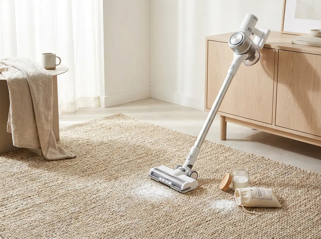 Carpet freshener powder on a rug next to a vacuum cleaner ready to clean up