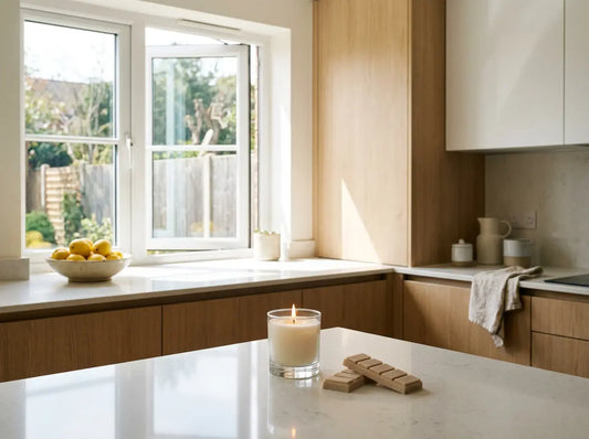 Lit 30cl jar candle and a wax melt snap bar on a clean kitchen worktop with daylight and an open window.