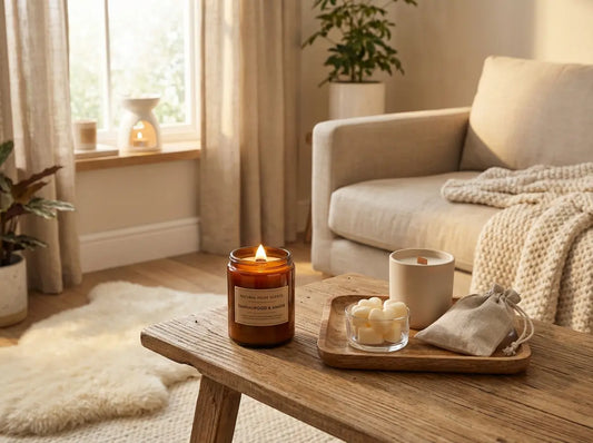 Cosy living room with a lit scented candle and home fragrance items styled on a table