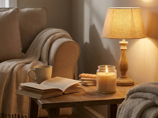 Lit 30cl jar candle on a side table next to a book and mug in a cosy evening living room.