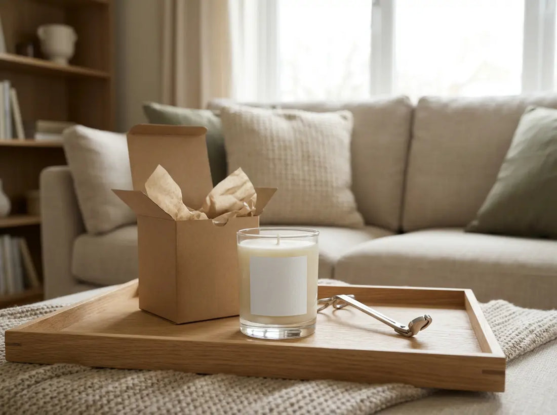 Handmade scented soy wax candle in a glass jar with a gift box and wick trimmer in a cosy UK living room setting