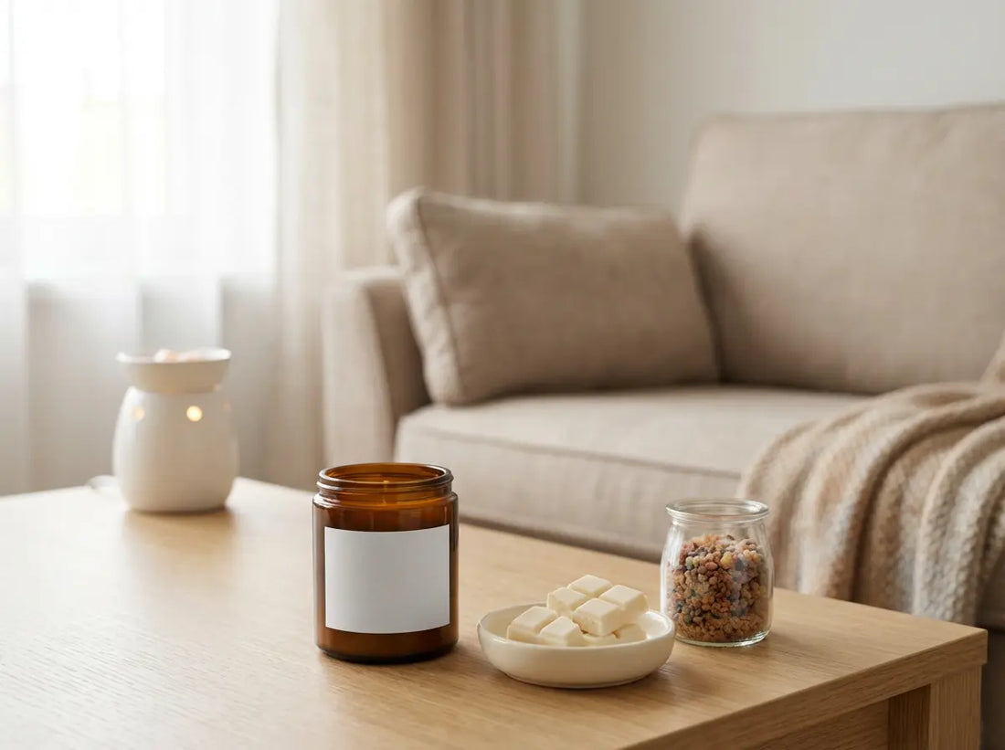 Home fragrance essentials on a coffee table: soy candle, wax melts and scented sizzlers for a cosy, fresh-smelling home