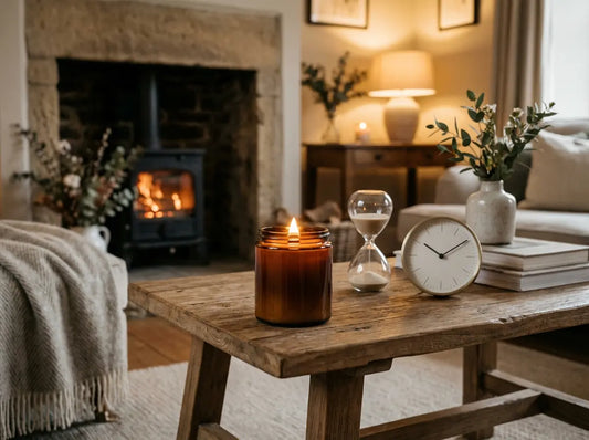 Lit 30cl jar candle on a coffee table beside a small timer clock in a cosy living room