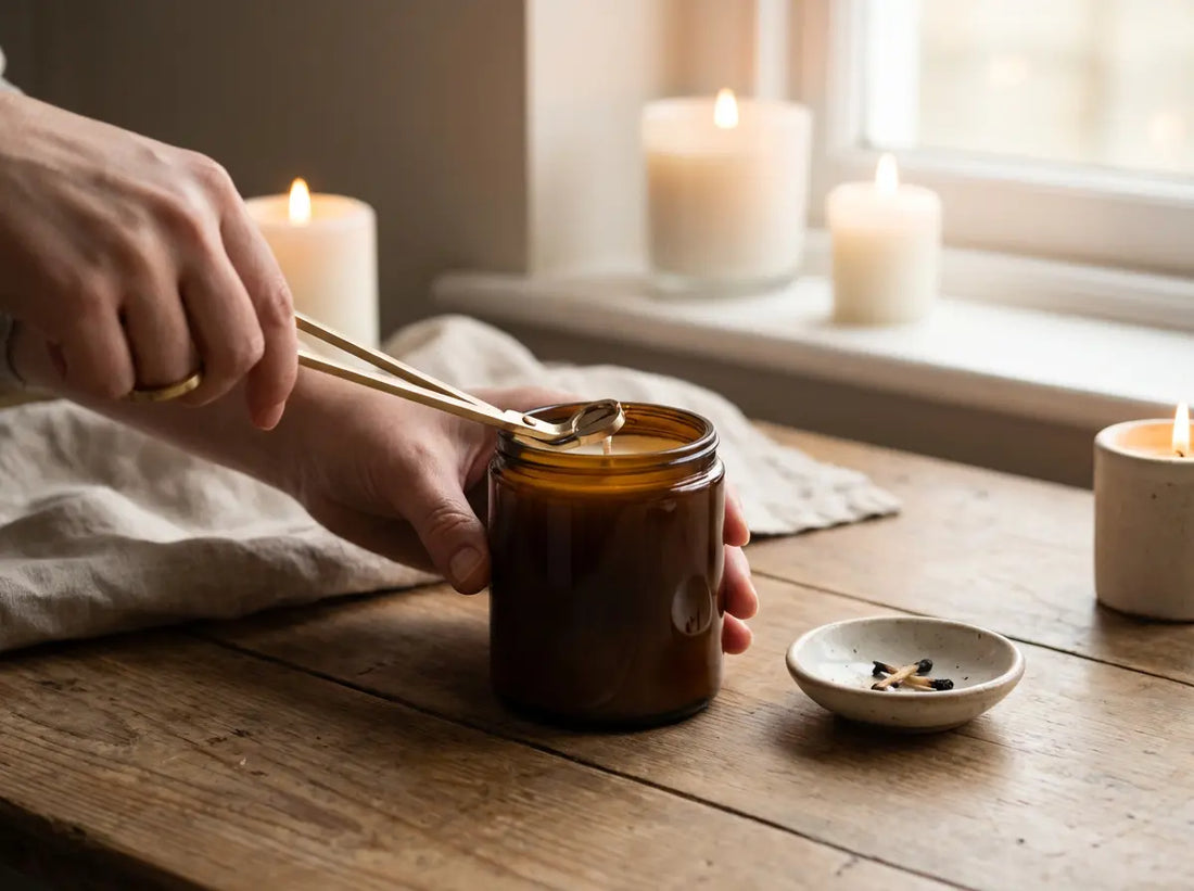Hands trimming the wick of a 30cl jar candle with a wick trimmer, with trimmed wick pieces in a small dish nearby