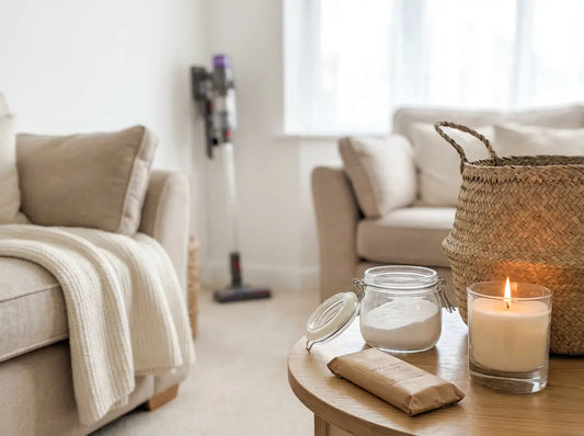 Carpet freshener jar, wax melt snap bar and a lit 30cl candle on a side table in a bright, clean living room.