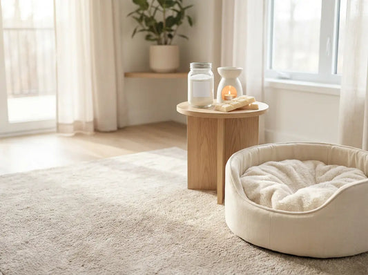 Carpet freshener jar and a white tealight burner on a side table in a bright living room with a neutral carpet and a pet bed.