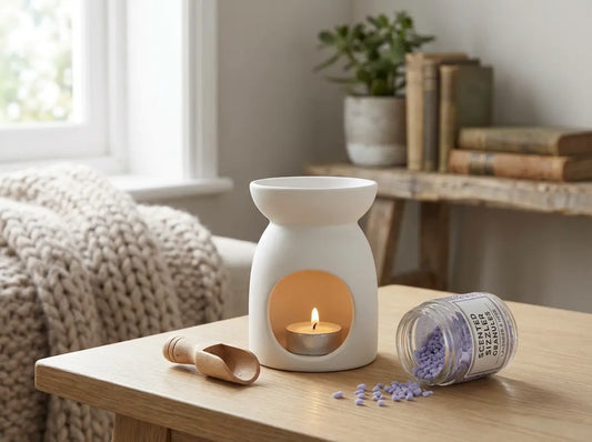 Ceramic wax burner with a lit tealight and a jar of scented sizzler granules, a wax melt alternative for home fragrance
