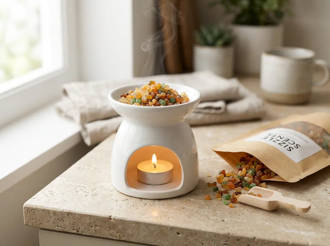 Ceramic tealight burner warming scented sizzlers (simmering granules) with an open pouch beside it