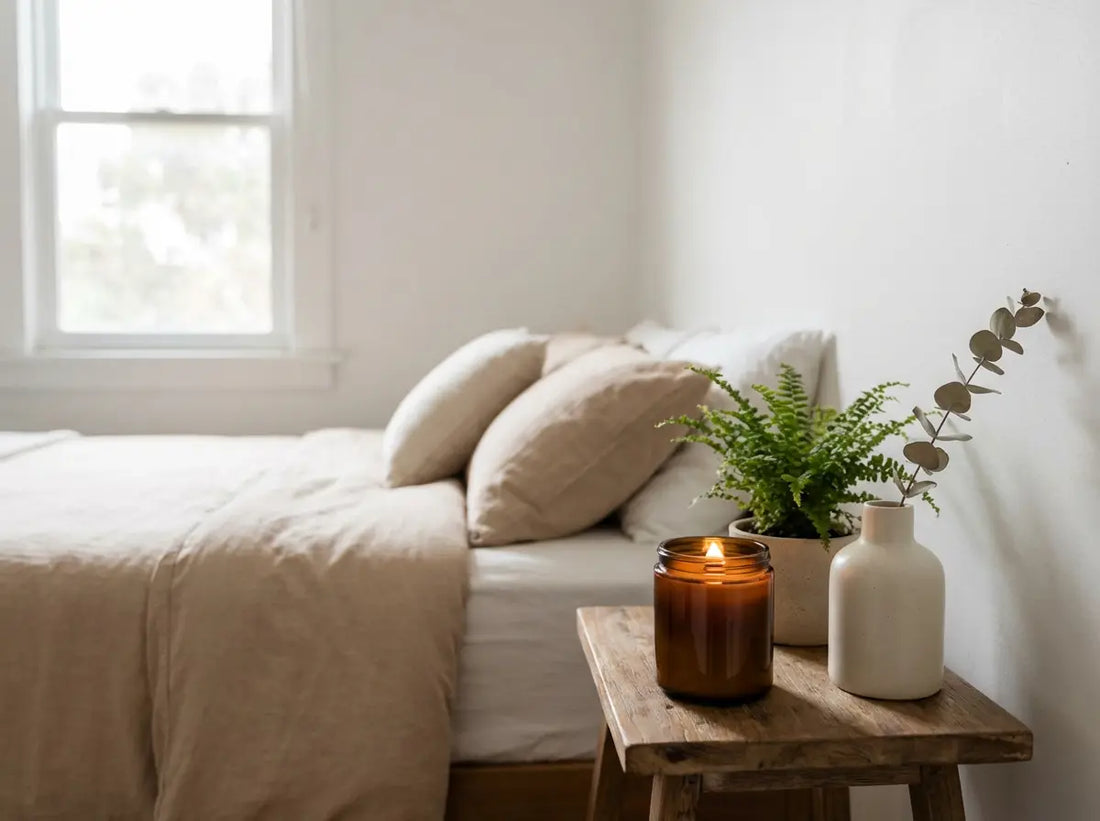Lit 30cl scented candle on a bedside table in a small neutral bedroom with soft daylight.