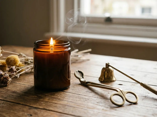 Lit 30cl jar candle with a small wisp of smoke beside a wick trimmer and candle snuffer on a tabletop