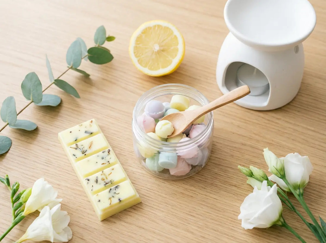 Wax melt snap bar and an open tub of wax melt scoopies beside a white tealight burner on a light wooden table with lemon and greenery in soft daylight.