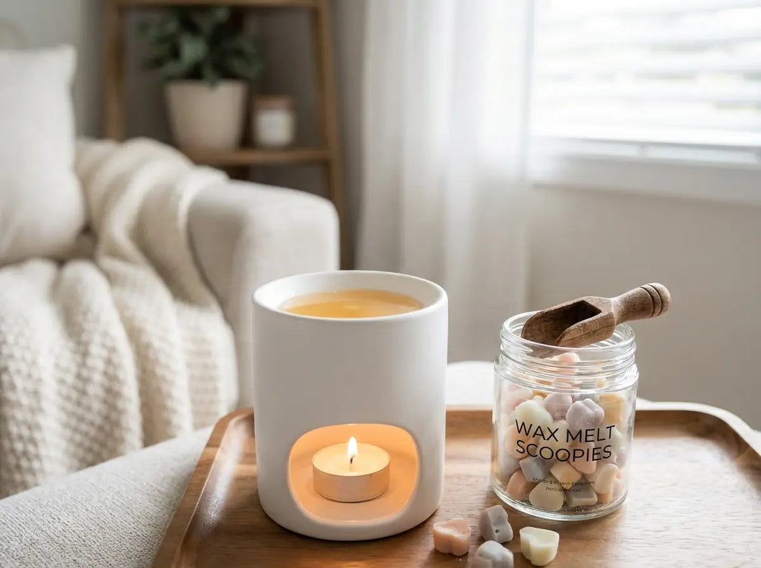 Wax melt scoopies in a tub beside a lit wax burner with melted wax on a wooden tray