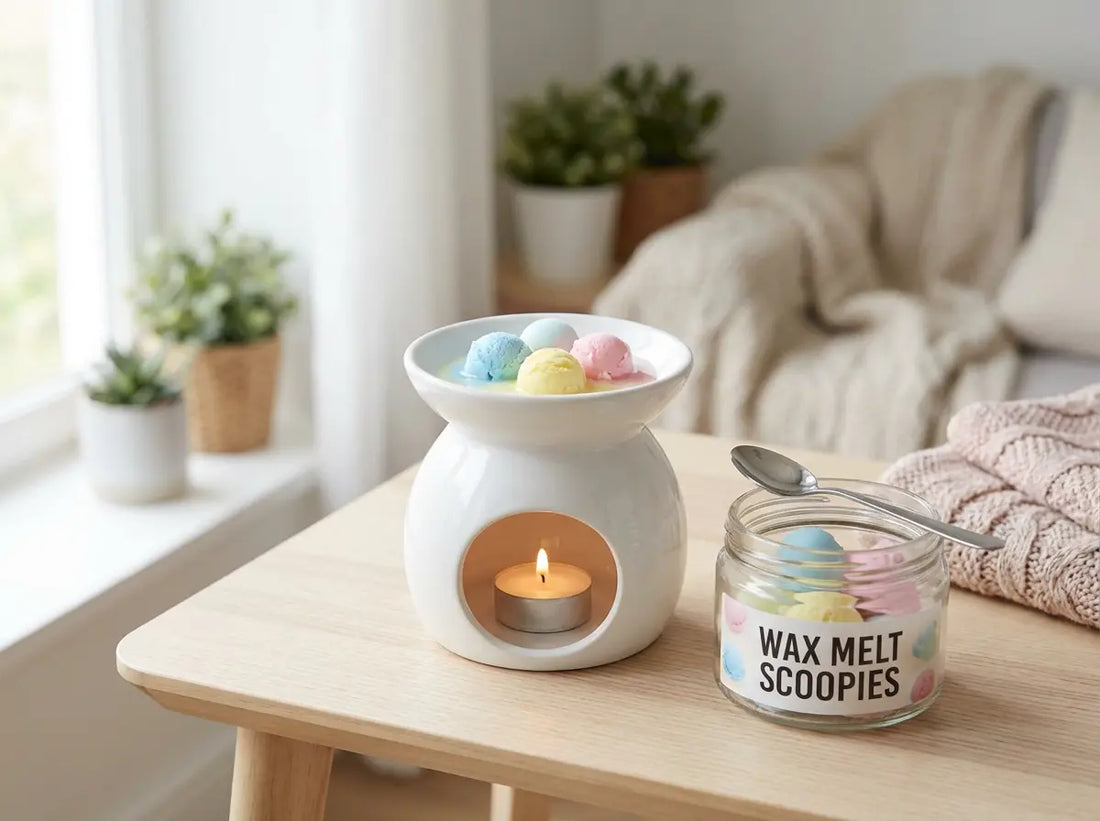 Wax melt scoopies melting in a ceramic tealight burner with an open tub of scoopies and a teaspoon beside it