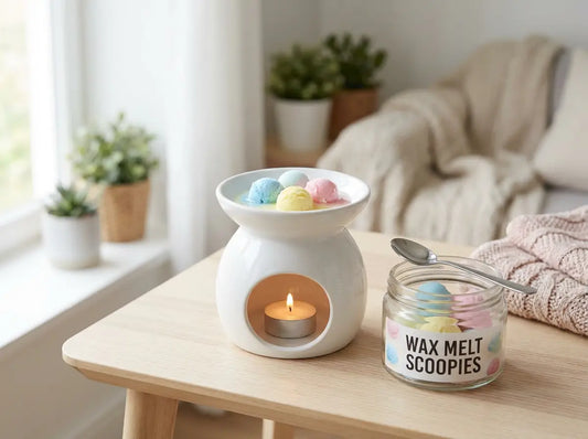 Wax melt scoopies melting in a ceramic tealight burner with an open tub of scoopies and a teaspoon beside it