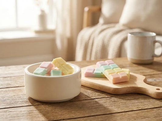 Wax melt snap bar pieces warming in a ceramic wax burner dish for strong home fragrance
