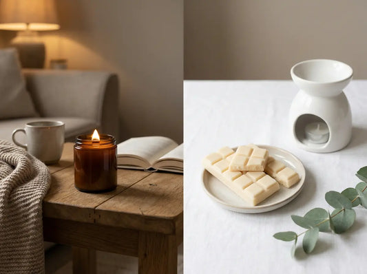 Wax melts snap bar pieces beside a wax burner tray next to a lit 30cl scented candle in a cosy home setting