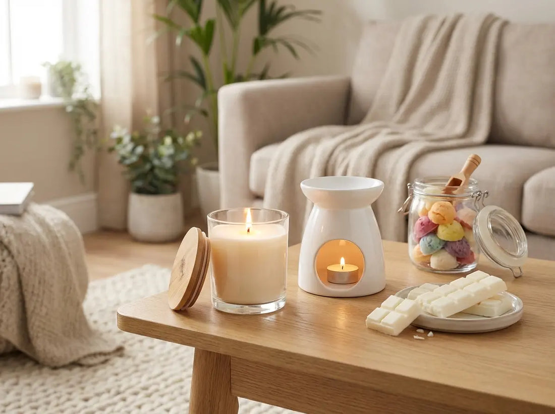 Wax melts vs candles hero image with a lit 30cl candle, bamboo lid, wax burner and snap bar melts