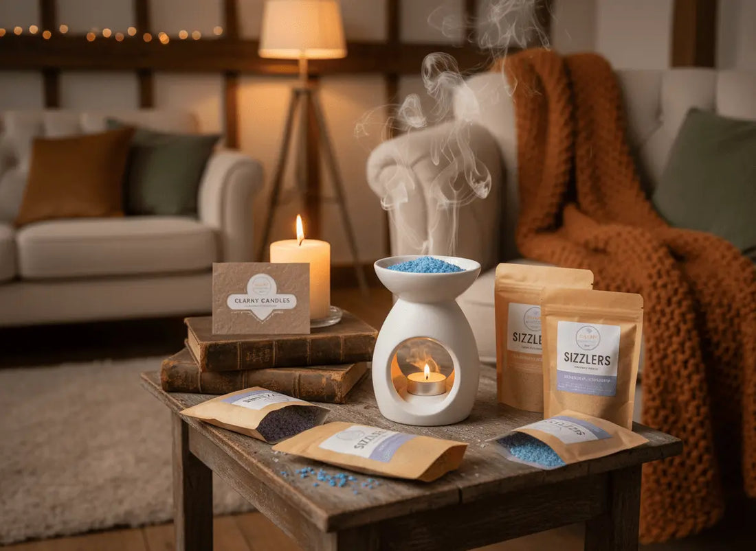 Scented sizzlers for relaxation in a cozy setting with a wax burner and decorative items.