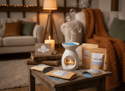 Scented sizzlers for relaxation in a cozy setting with a wax burner and decorative items.