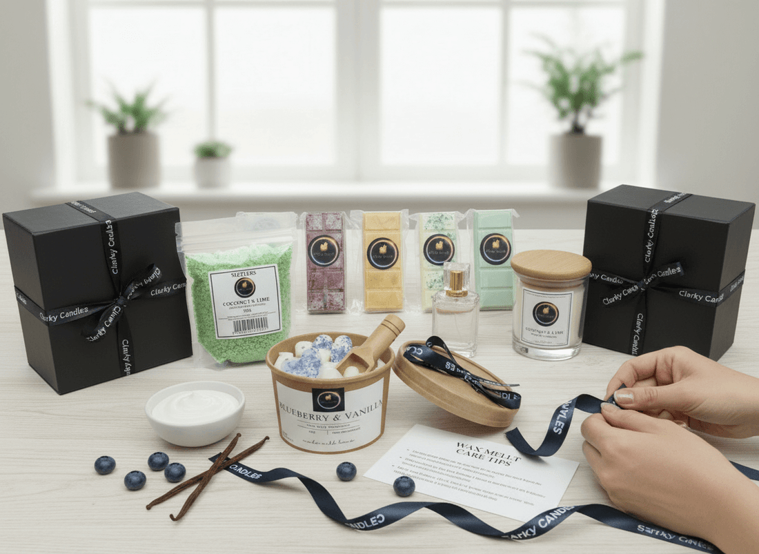 Handmade candles Northampton displayed with gift boxes and candle making supplies from Clarky Candles.