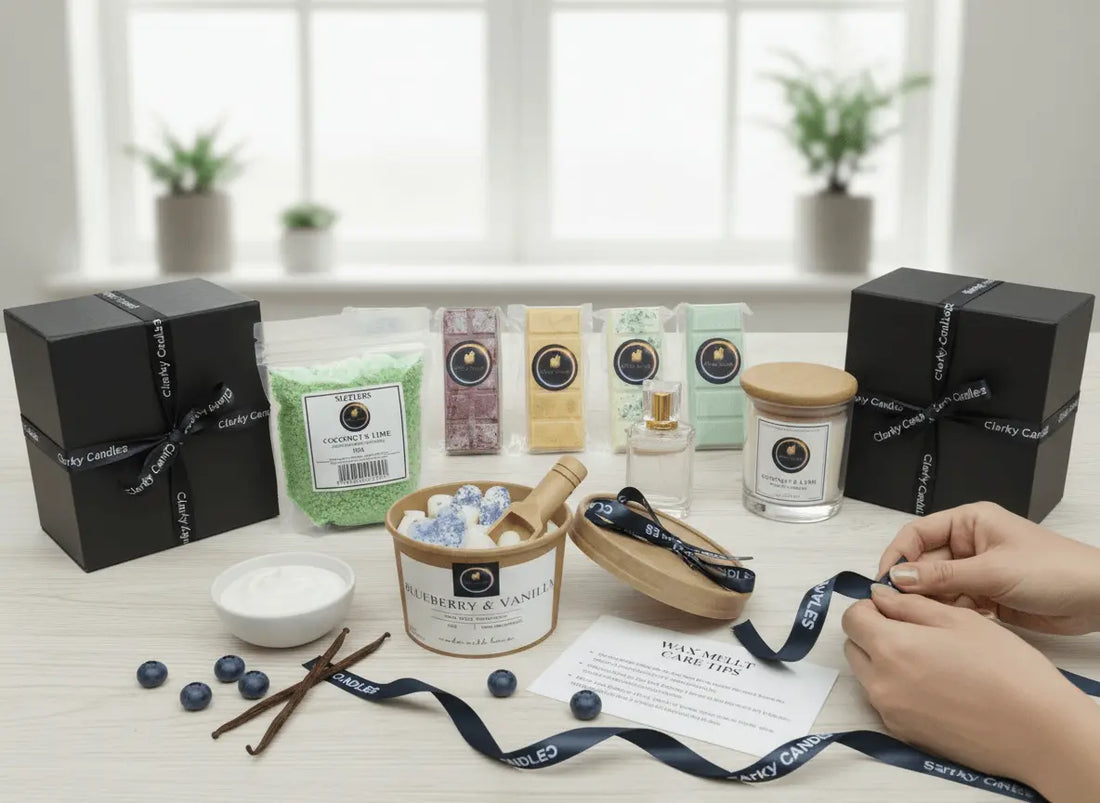 Handmade candles Northampton displayed with gift boxes and candle making supplies from Clarky Candles.