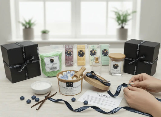Handmade candles Northampton displayed with gift boxes and candle making supplies from Clarky Candles.