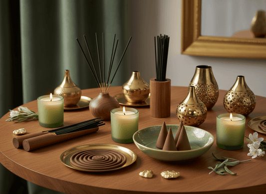 Luxury incense collection with incense sticks, coils, cones, wooden holders and brass burners arranged on a warm wooden table with soft candlelight and gold accents