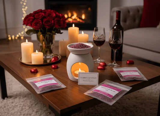 Scented sizzlers for Valentine's Day arranged with a wax burner, candles, wine, and roses.