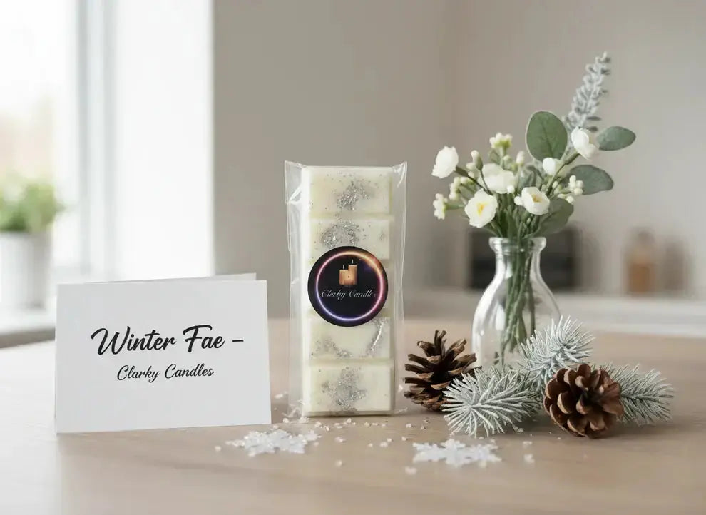 Winter Fae Clarky Candles on a table, perfect to enjoy Clarky candles this winter with festive decor.