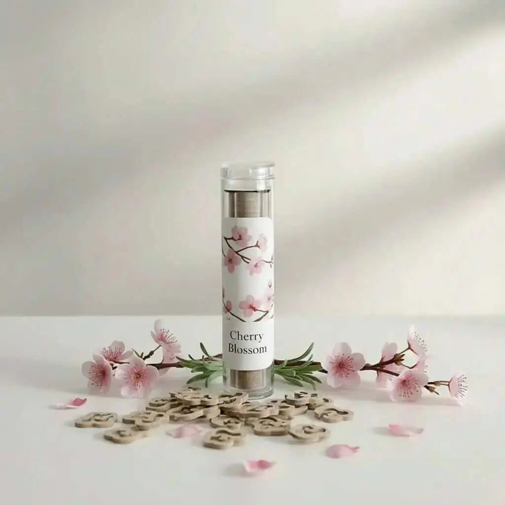 Incense Wooden Sticks packaging with cherry blossom design and floral decorations on a light background.