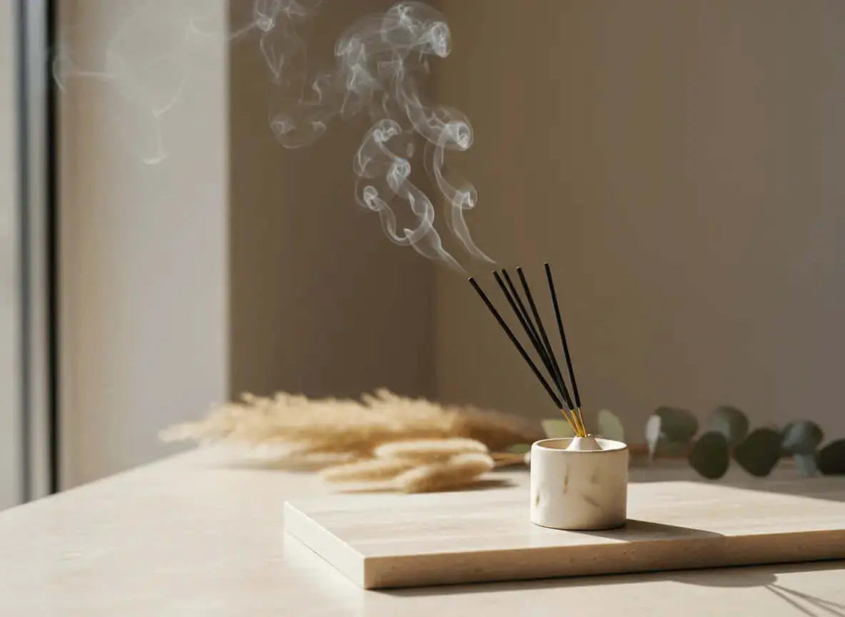 Premium incense sticks burning in a matte ceramic holder on a neutral stone surface, with soft natural light and gentle smoke trails.