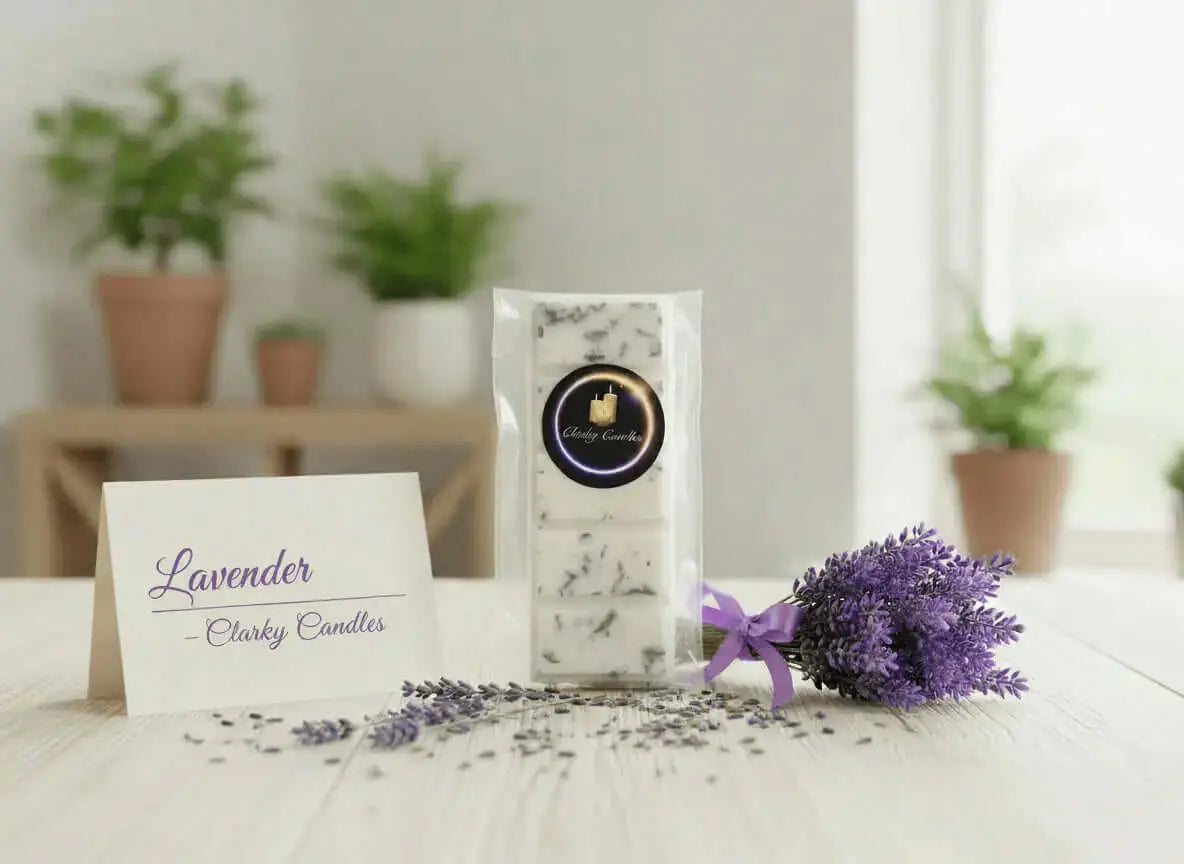 Wax Melts Snap Bars featuring Lavender scent from Clarky Candles with lavender flowers in the background.