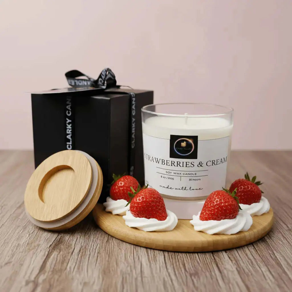 Luxury Gift Wrapped Candles - Strawberries & Cream scented candle with gift box and decorative strawberries.