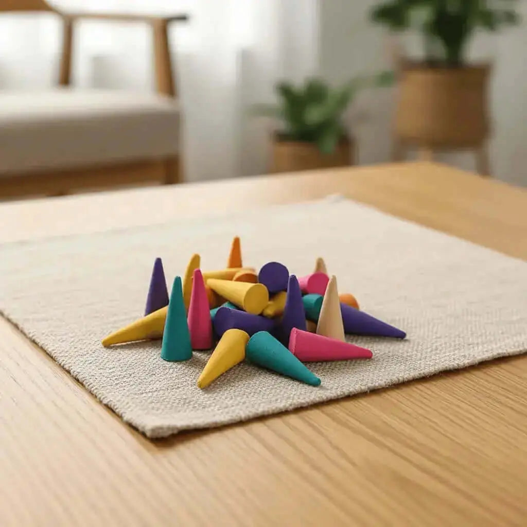 Colourful mixed incense cones arranged on a table close-up