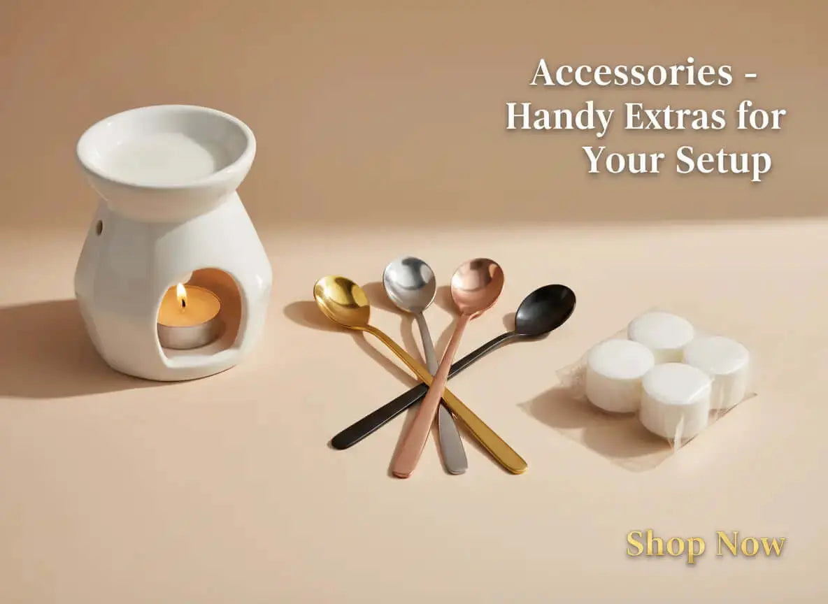 Wax melt accessories including scooping spoons in gold, silver and rose gold, tealights and a wax burner from Clarky Candles