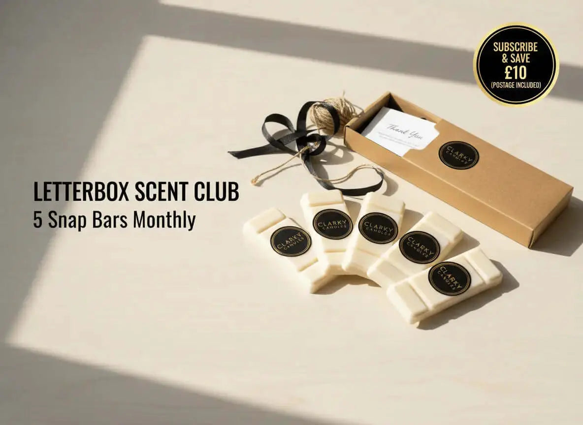 Letterbox Scent Club by Clarky Candles – five wax melt snap bars in a letterbox mailer with “Subscribe & Save £10 (Postage Included)” text overlay.