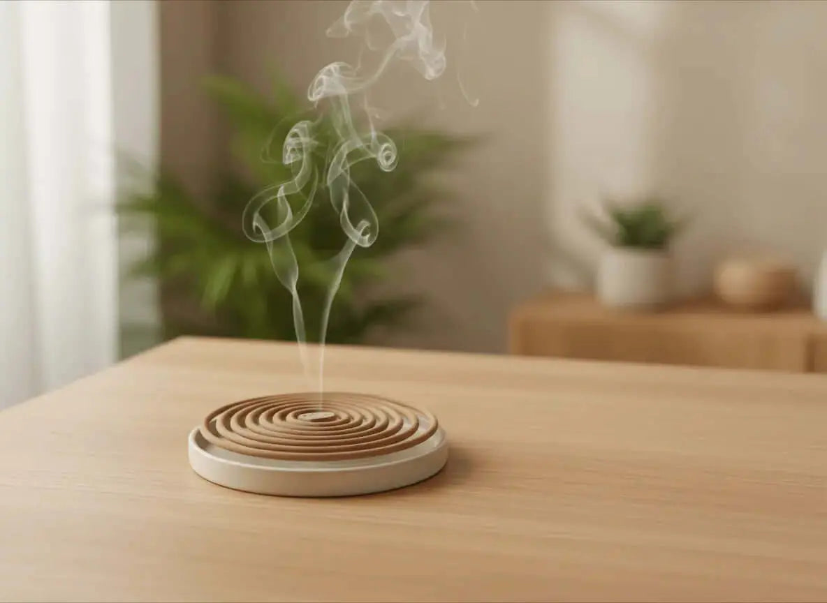 Incense coils on a ceramic holder with gentle smoke in a calm, minimalist home setting