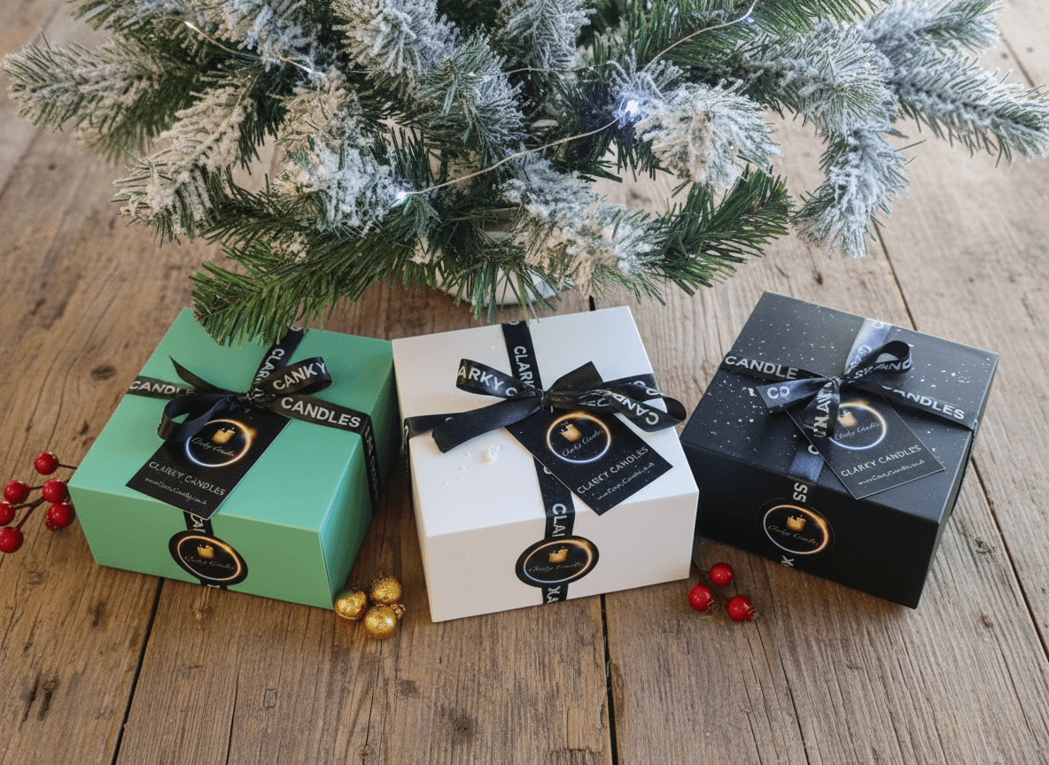 3 Wick Bowls luxury candles in decorative boxes under a Christmas tree, perfect for gifting.