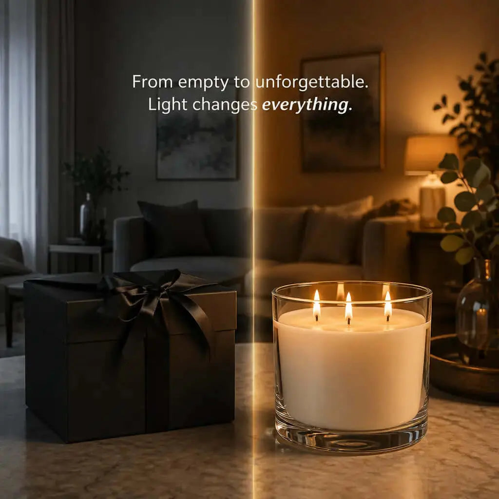 100cl 3-Wick Statement Candle displayed alongside elegant gift box, showcasing ambiance and luxury lifestyle.
