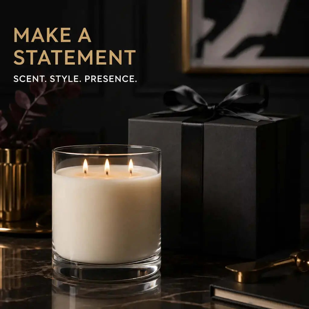 100cl 3-wick candle beside a beautifully wrapped gift on a stylish table, showcasing scent and style.