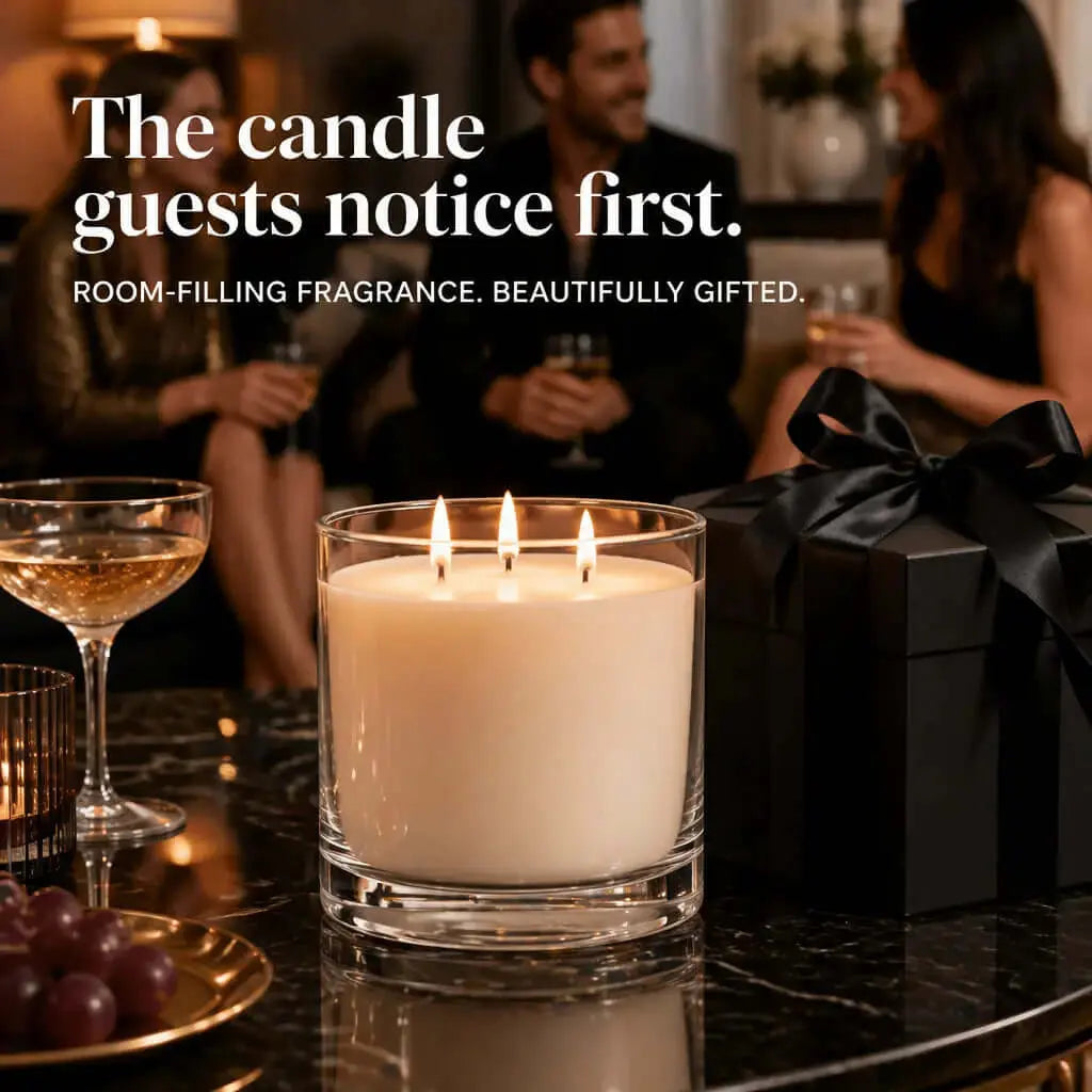 3 wick candle on a stylish table with guests enjoying drinks and elegantly wrapped gift, showcasing room-filling fragrance.