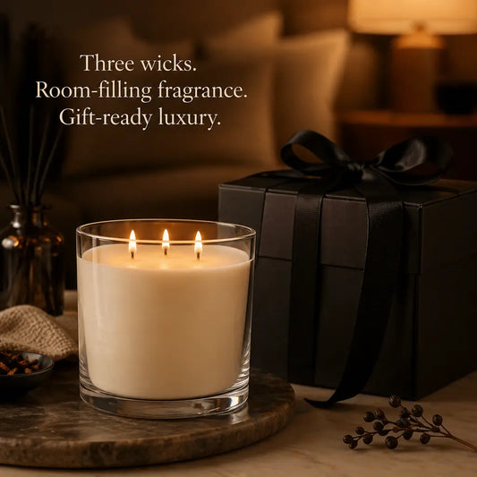 100cl 3-wick candle on a marble surface next to a gift box, showcasing its room-filling fragrance and luxurious presentation.