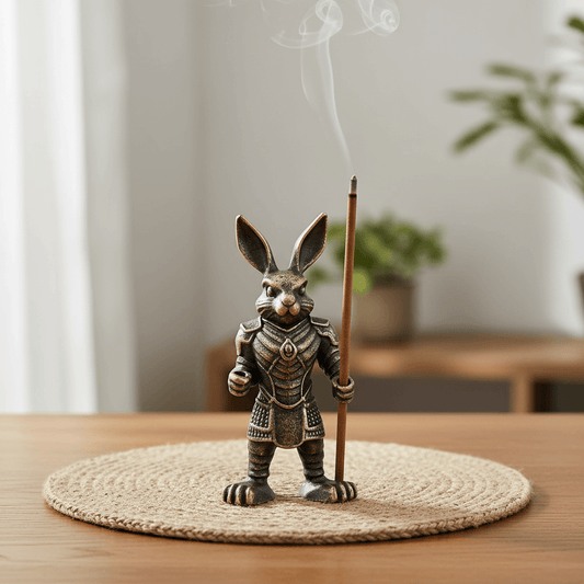 A Strong Rabbit Incense Stick Holder featuring a warrior bunny design with incense smoke, perfect for home decor.