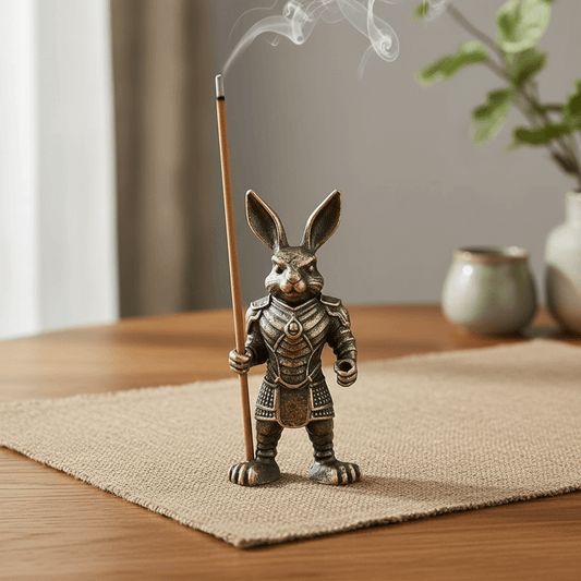A Strong Rabbit Incense Stick Holder displayed on a table, featuring a warrior bunny design holding an incense stick.