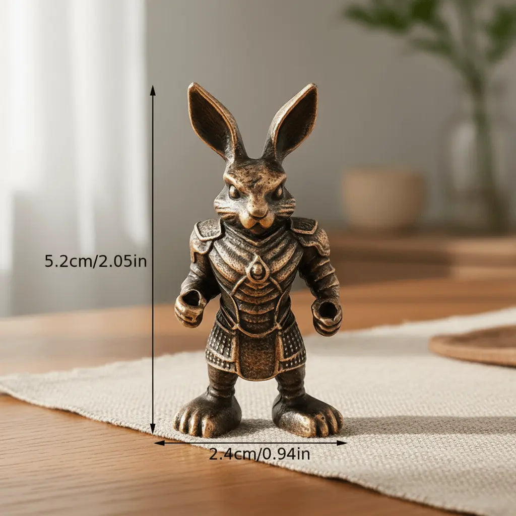 A Strong Rabbit Incense Stick Holder standing upright on a table with measurements and warrior details.