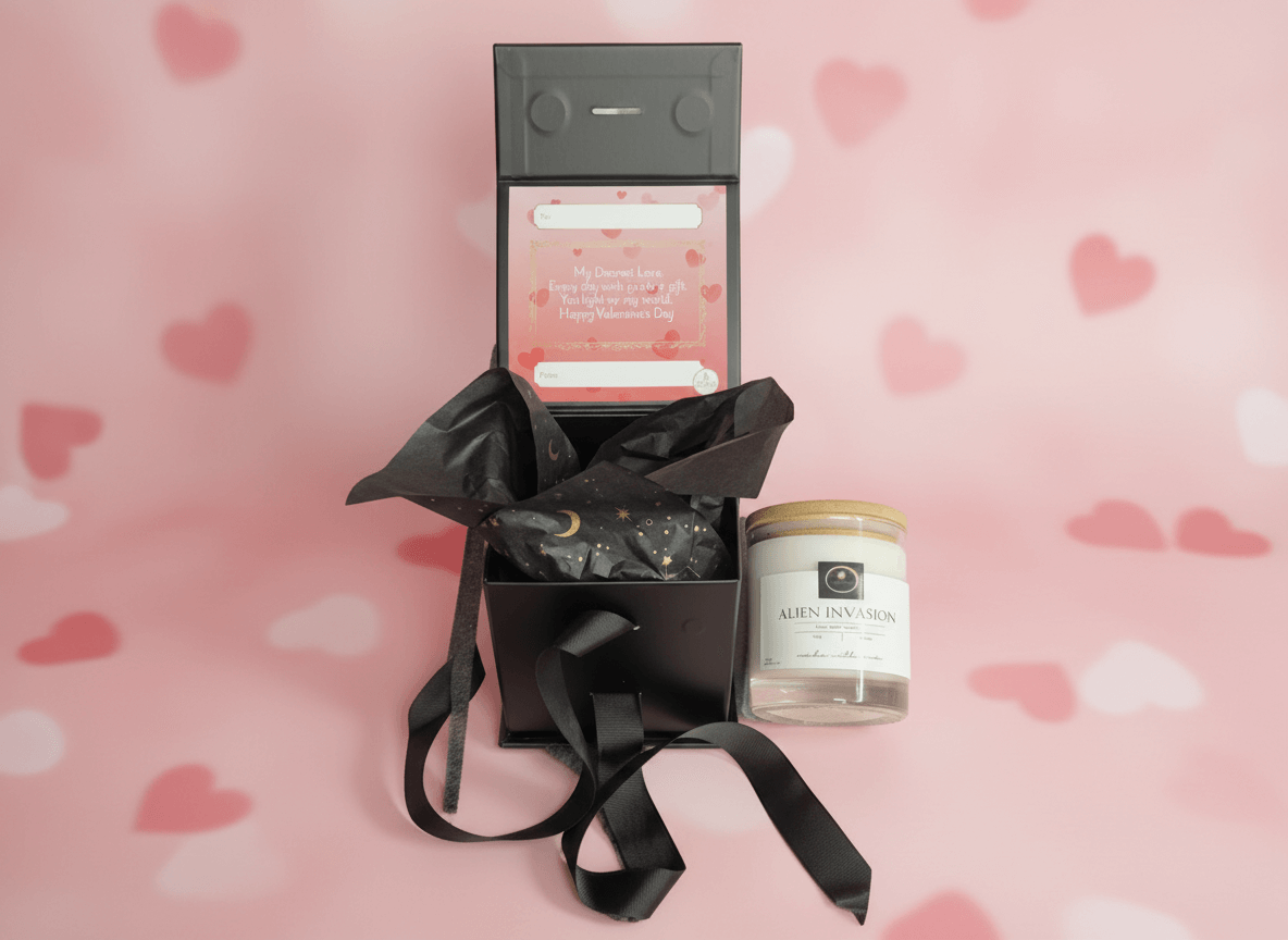 Alien Invasion luxury scented candle in a black gift box with a personalized Valentine’s message and ribbon.