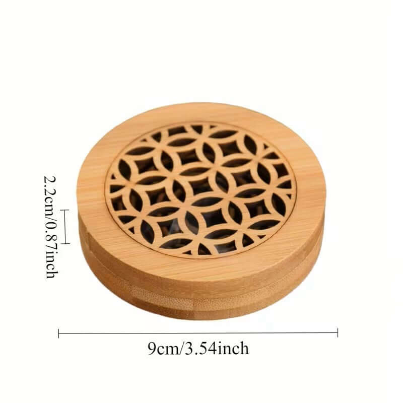Bamboo incense holder box size guide showing 9cm diameter and 2.2cm height