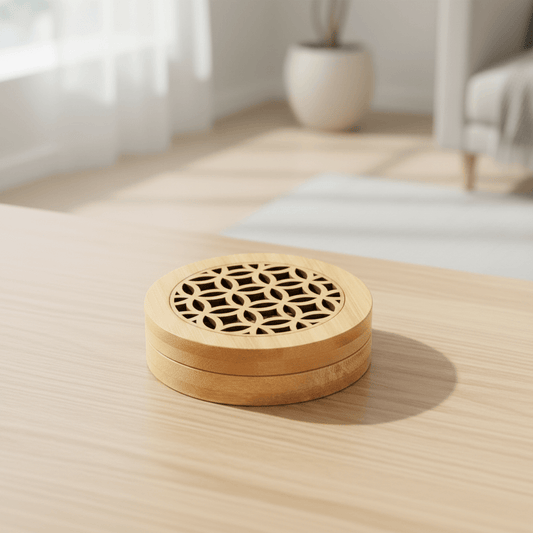 Natural bamboo incense holder box with decorative geometric pattern and removable ash catcher