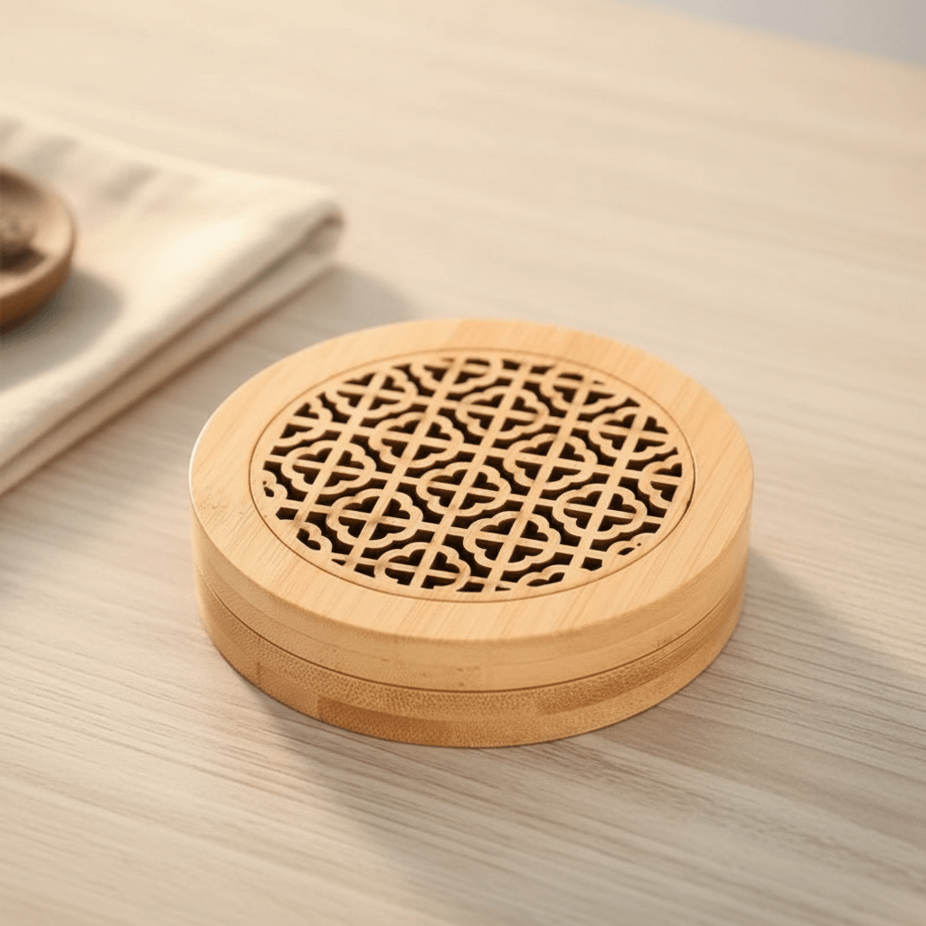 Round bamboo incense holder box style 2 with decorative carved lid on a table