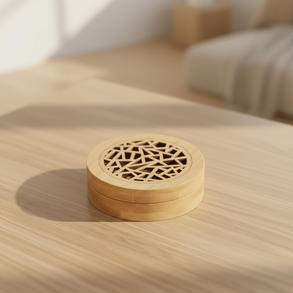 Natural bamboo incense holder box style 3 with modern geometric carved pattern on a table